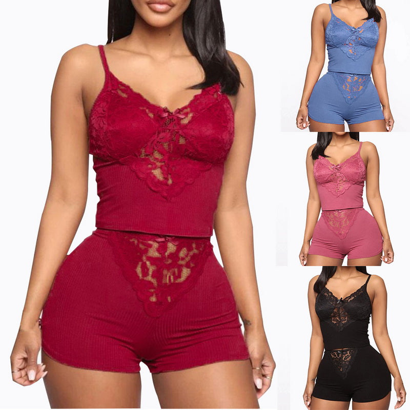 Sleeveless Ribbed Nightwear 2 Piece Lace Sleepwear Pajamas Womens