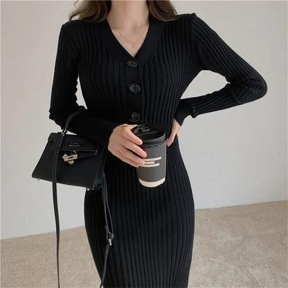 Woman's Knitted Autumn Winter Clothes V-Neck Women Sweater Dress Korean Fashion