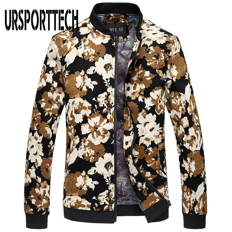 Bomber Jacket Men Spring Autumn Floral Korean Slim Fit Long Sleeve Jackets