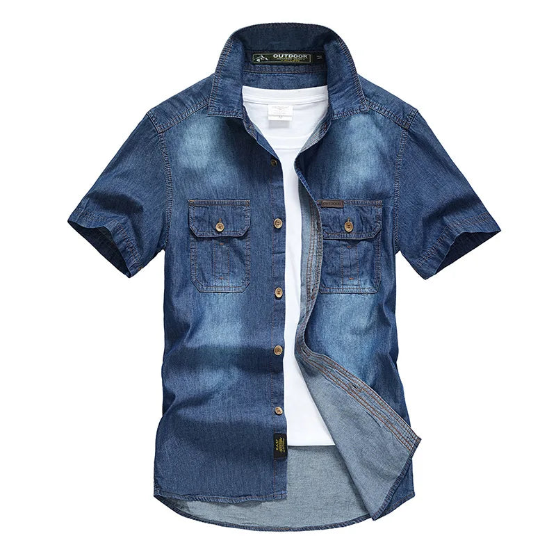 Summer Brand Denim Shirt Men Cotton Short Sleeve Turn-Down Collar Mens Shirts