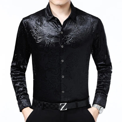 Luxury Chinese Dragon Embroidery Velvet Shirt Men Slim Fit Long Sleeve shirt