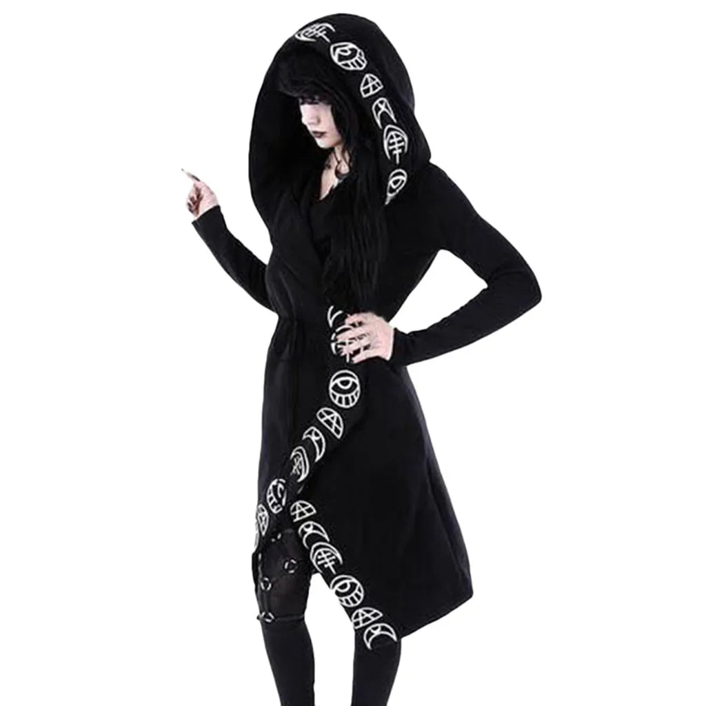 Gothic Punk Black Long Women Hoodies Sweatshirts Moon Print Long Sleeve Hoodie