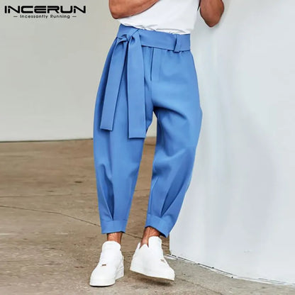 INCERUN 2023 New Men's Fashion Solid Color Pants Drawstring Casual Trousers