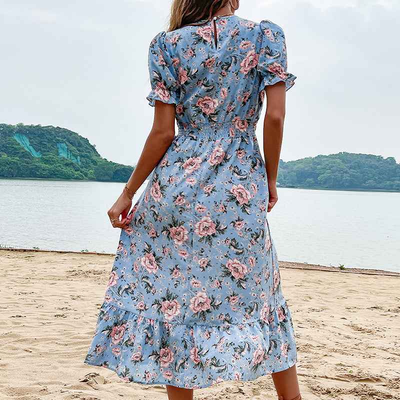 Fashion v Neck Short Sleeve Floral Dress Women Sweet Dresses Clothing Wholesale