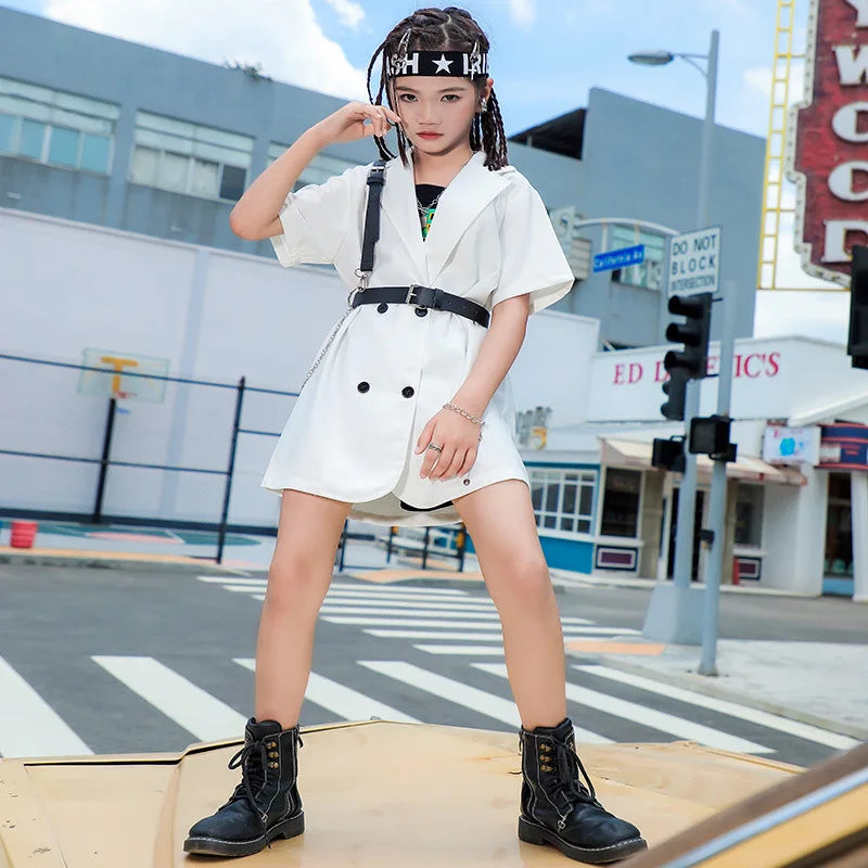 Kids Girls Fashion Show Short Sleeve Suit Dress Children Hip Hop Jazz Stage