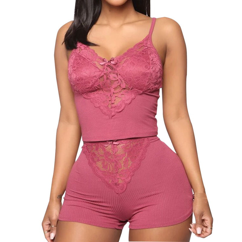 Sleeveless Ribbed Nightwear 2 Piece Lace Sleepwear Pajamas Womens