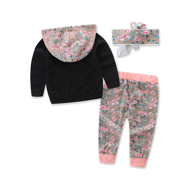 Top and Top Baby Clothing Sets 2017 Winter Sports Floral Hooded Tops Pants