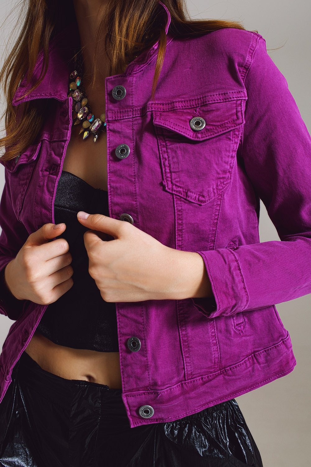 Slim Denim Trucker Jacket in Fuchsia