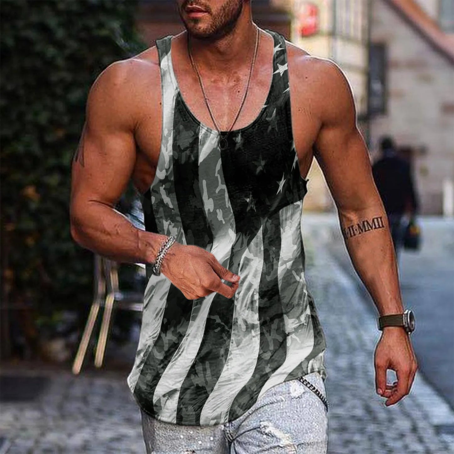 Men Summer Tank Tops Vests Casual Beach O Neck American Flag Printed