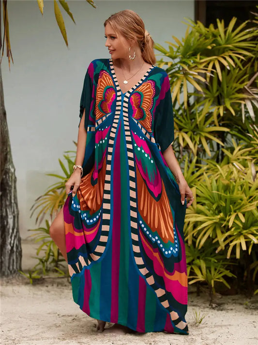 2023 Multicolored Kaftan Bohemian Printed V-Neck Batwing