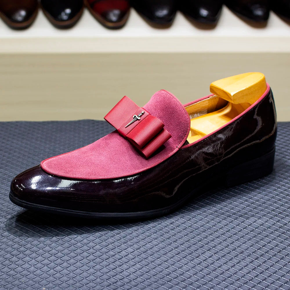 Handmade Mens Loafer Shoes Genuine Patent Leather Suede Patchwork With Bow