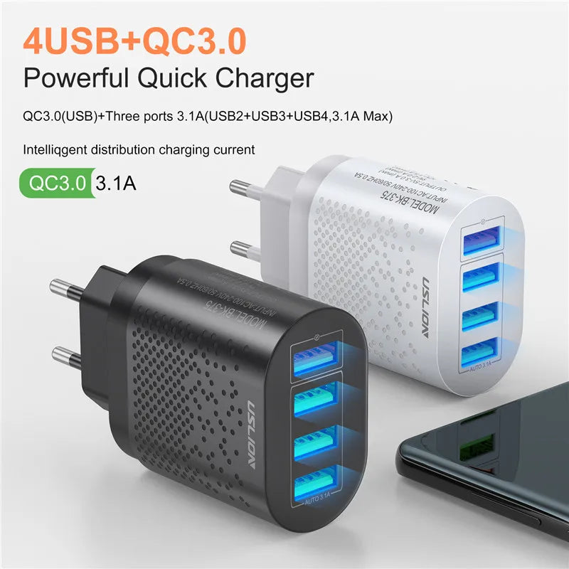 USLION EU/US Plug USB Charger for iPhone 11 Samsung Xiaomi 4 Port 48W