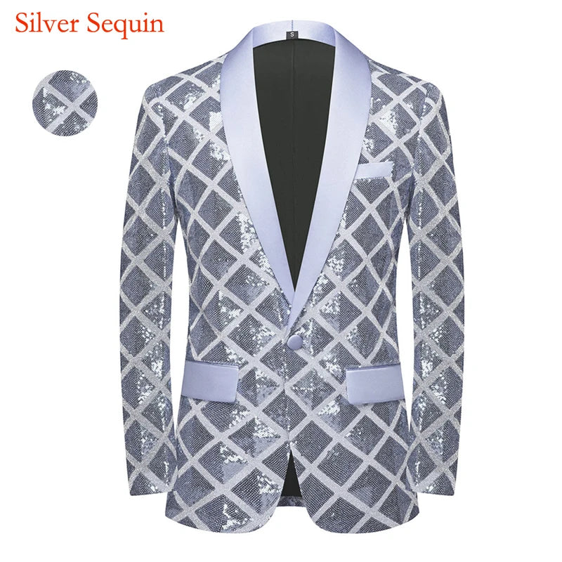 Luxury Laser Sequin Tuxedo Blazer Jacket Men One Button