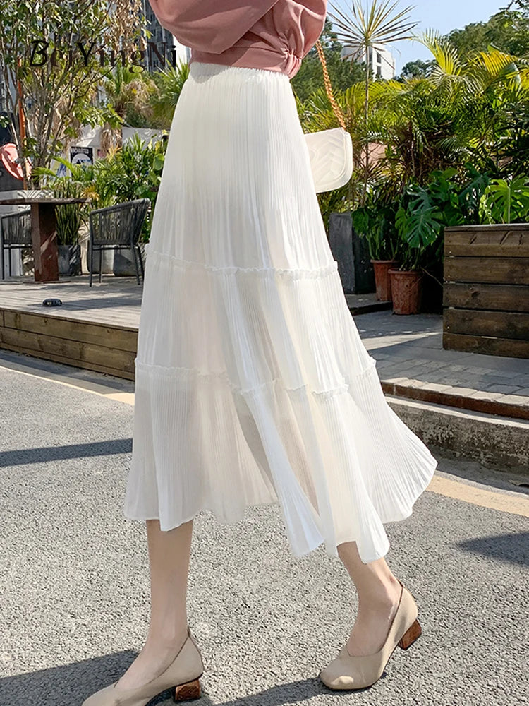 Pleated Skirt Women Vintage Casual Chiffon Shift Long High Waist Skirts