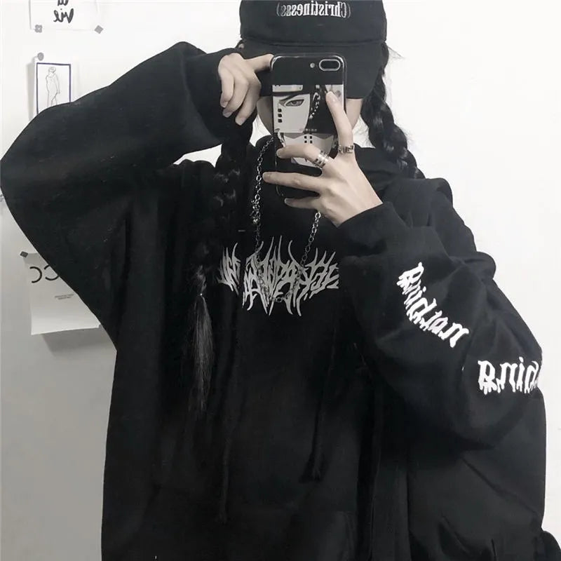 Women Loose Streetwear Black Sweatshirt Knitted Hooded