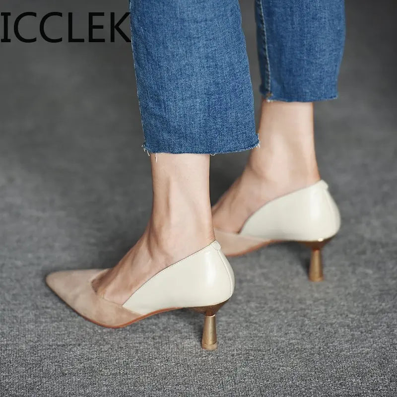 ICCLEK Women Dress Shoes Patchwork Pumps Pointed Toe Party Shoes Woman