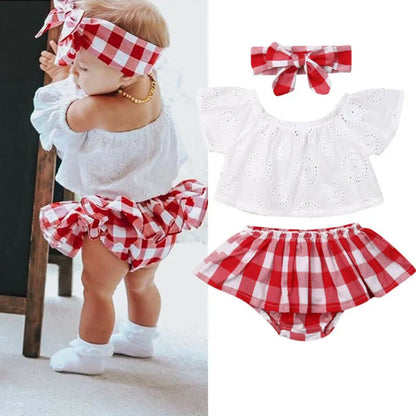 0-24m 3pcs Baby Girls Clothes Set Solid White Off Shoulder Shirt Tops Red Plaid