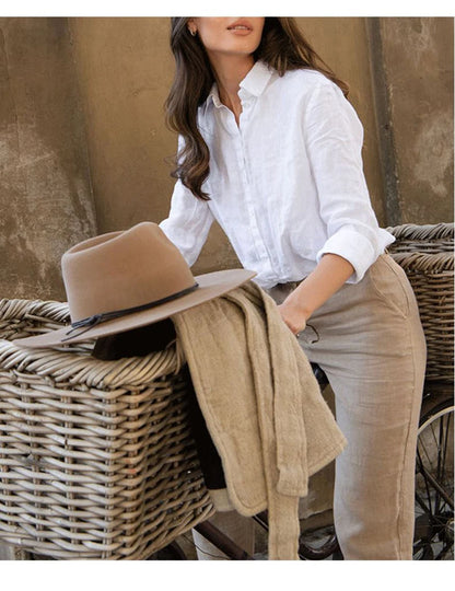 100% Linen White Shirts and Blouses Turn Down Collar Long Sleeve Tops