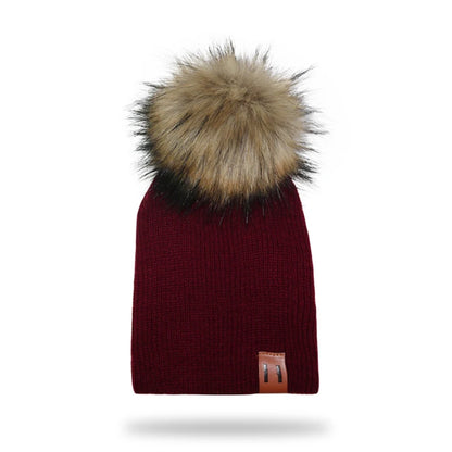 Winter Kids Boy Girl Leather Labled Knitted Artificial Raccoon Pompom Hat