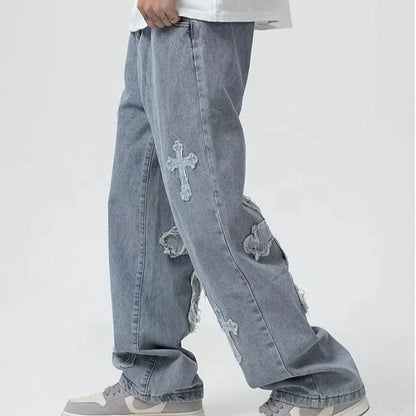 Men Streetwear Baggy Jeans Trousers Cross Hip Hop Mens Loose Pants