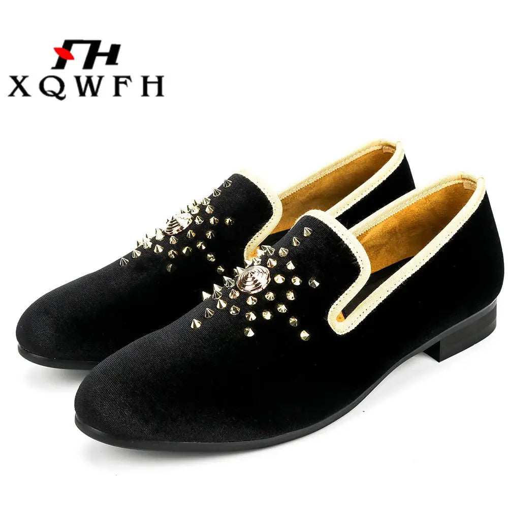 XQWFH Men Velvet Loafers Gold Top and Metal Toe Mens Dress Shoes Wedding Party