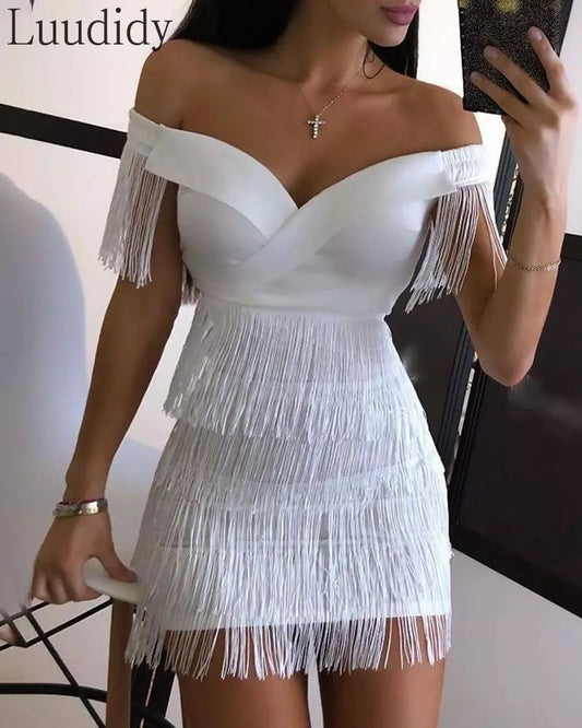 White Fringe Celebrity Evening Runway Party Dress Women Sexy Tassels