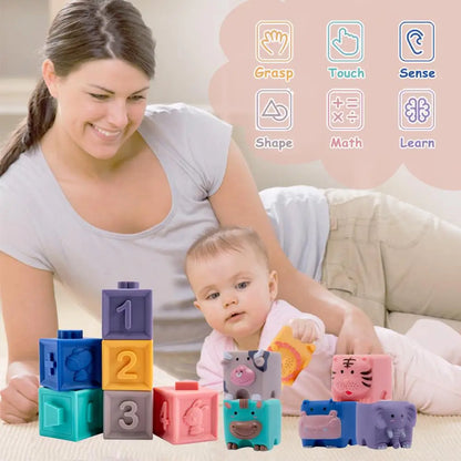 12pcs Baby Sensory Toys Building Silicone Blocks Grasp Toy