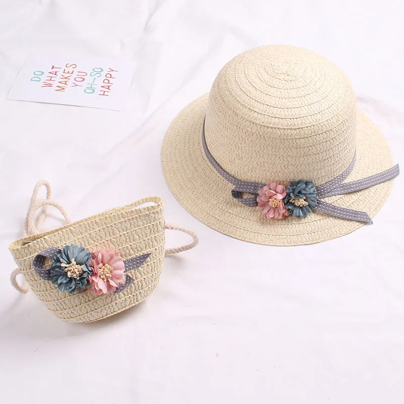 Summer Baby Flower Breathable Hat Straw Hat With Handbag Bags Kids Hat Girls