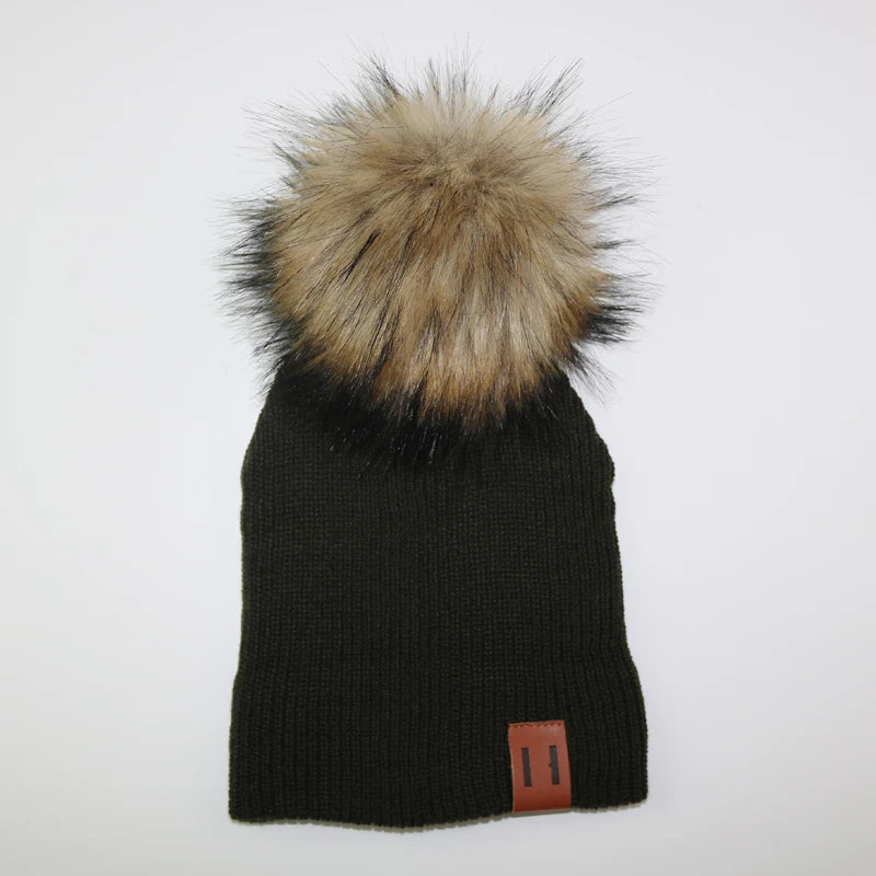 Winter Kids Boy Girl Leather Labled Knitted Artificial Raccoon Pompom Hat