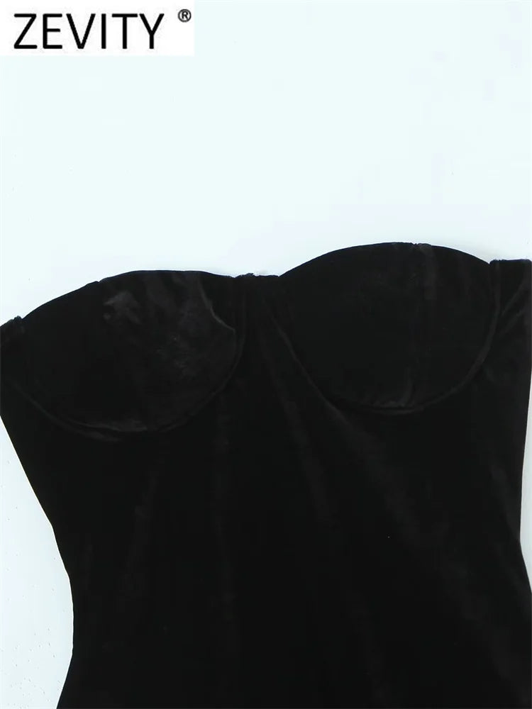 Zevity New Women Sexy Off Shoulder Black Velvet Slim Bodysuits