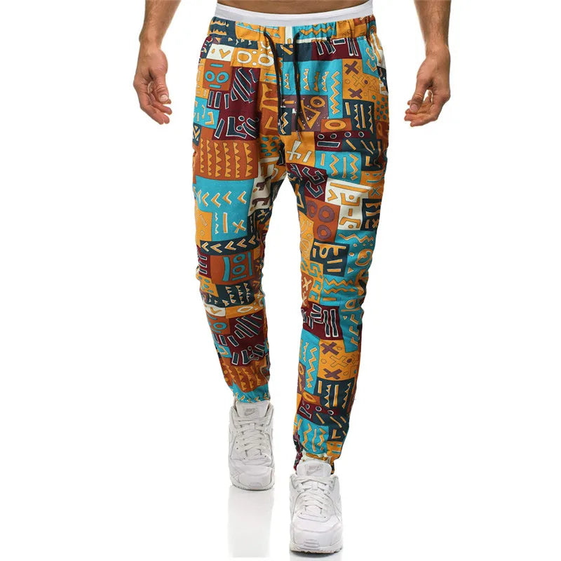 Mens Cotton Linen Joggers Sweatpant African Dashiki Print Trousers Jogging Pants