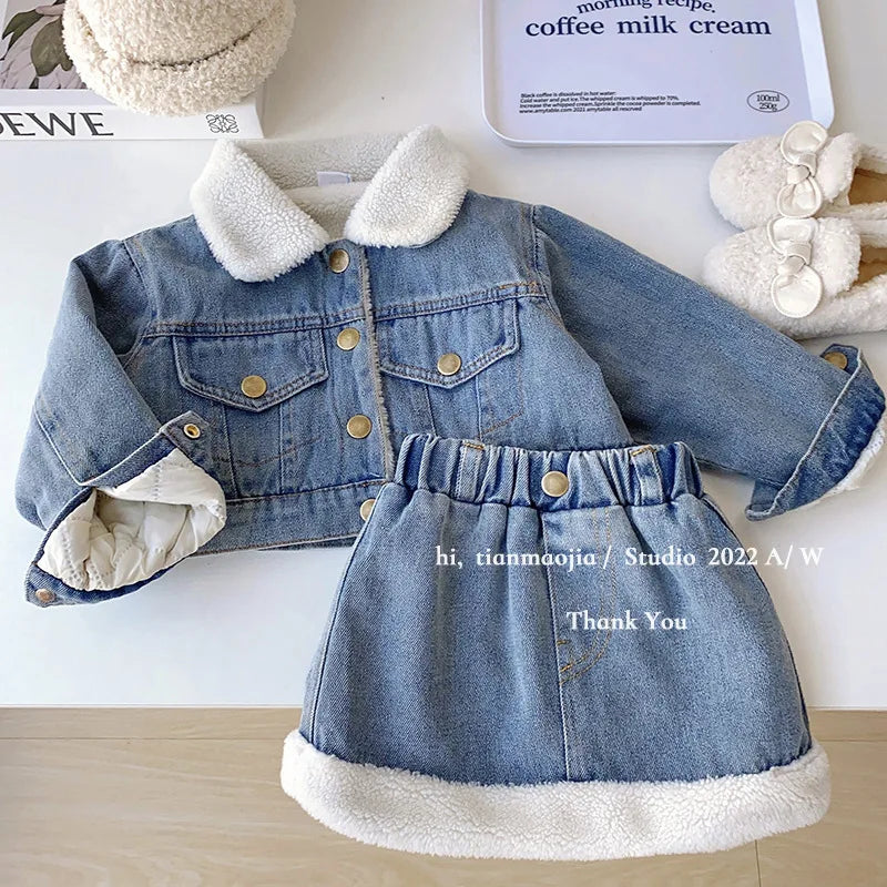 Korean Winter Suit for Girls Sets Thickened Warm Jacket+Denim Skirt Girls Top