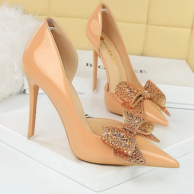 Luxury Pumps Women 10.5cm Heels Rhinestone Bowknot Lady Heels Stilettos Patent