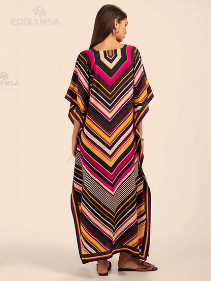 2023 Elegant Striped Kaftan V-Neck Half Sleeve Maxi Dress