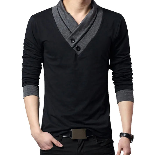 2024 Fashion Brand Trend Slim Fit Long Sleeve T Shirt Men Collar Tee V-Neck