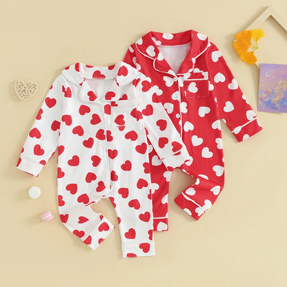 0-24m Baby Pajamas Jumpsuits Heart Print Lapel Button Up Girls Sleepwear