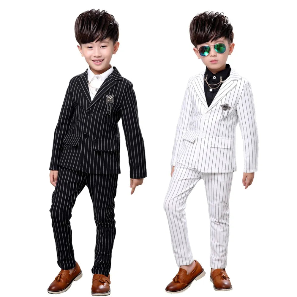 LOLANTA 2Pcs Kids Boys Strip White Black Formal Wedding Dress Suits Casual