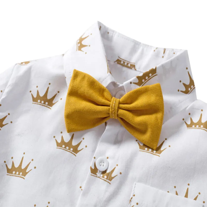 Summer Kids Boys Formal Outfit Suit Crown Printed Shirt With Bow Leather Belt