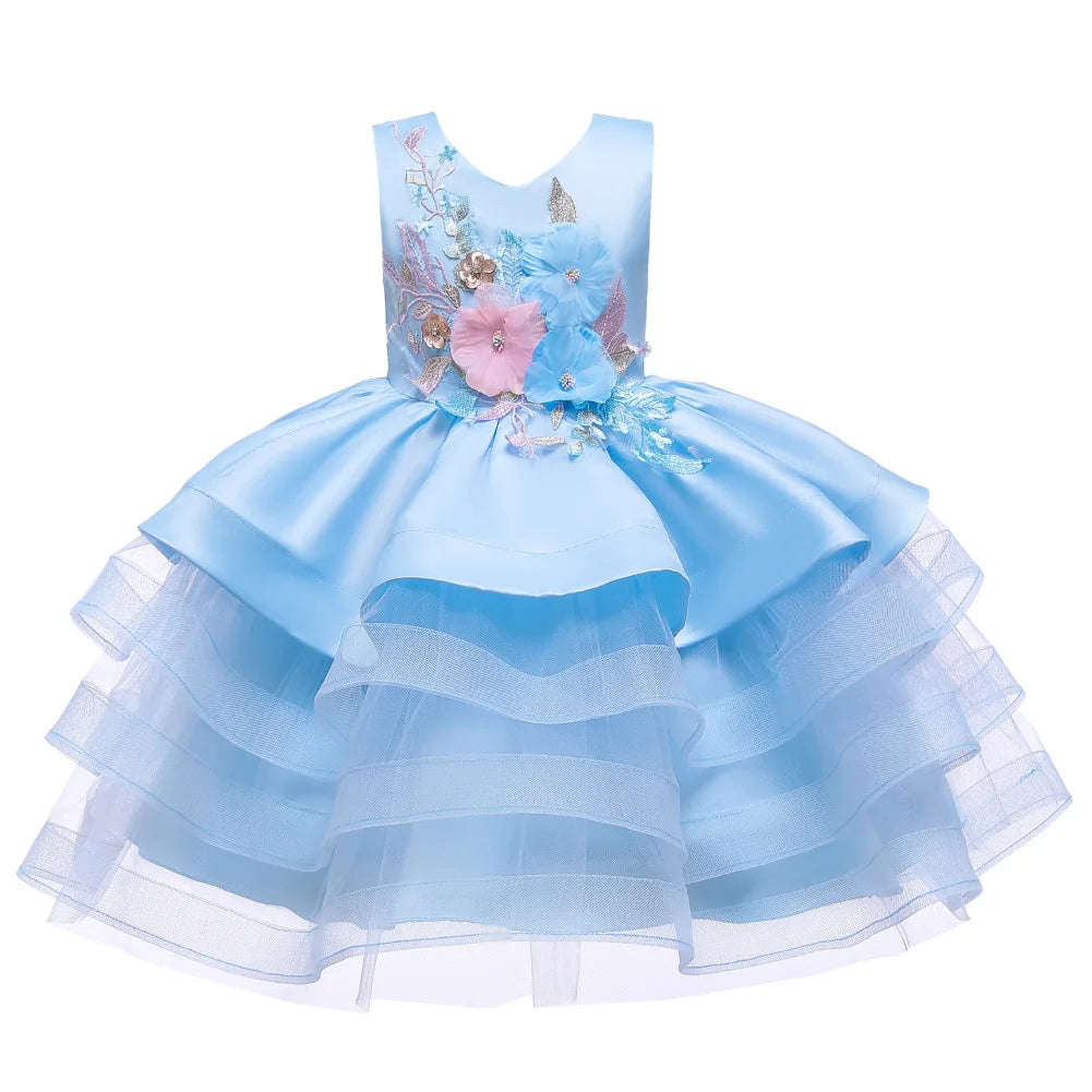 Appliques Flower Girls Dress V-Neck Tutu Girls Dresses Pageant Kids Dress