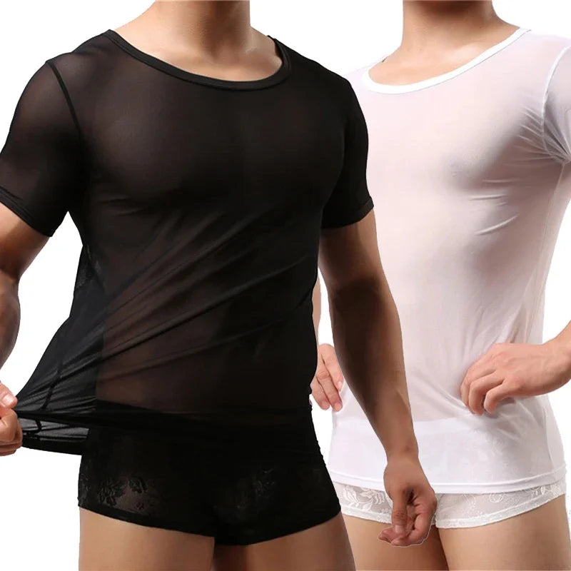 Sexy Men Undershirts Transparent Sheer Short Sleeve T Shirt Sports Fitness