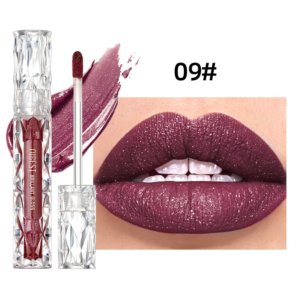 QIBEST Shimmer Lip Gloss Diamond Glitter Lip Tint Waterproof Long Lasting Matte