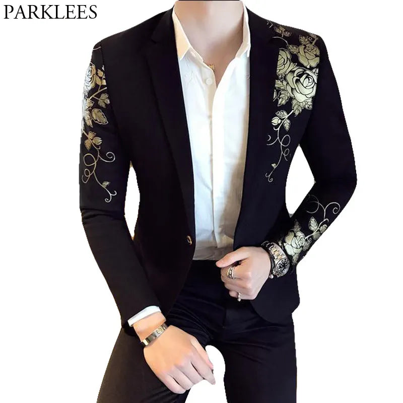 Gold Flower Print One Button Blazer Jacket Men 2023 Brand New Party Wedding