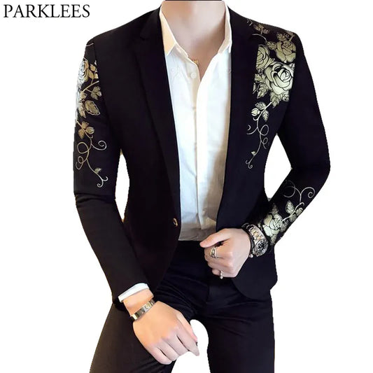 Gold Flower Print One Button Blazer Jacket Men 2023 Brand New Party Wedding