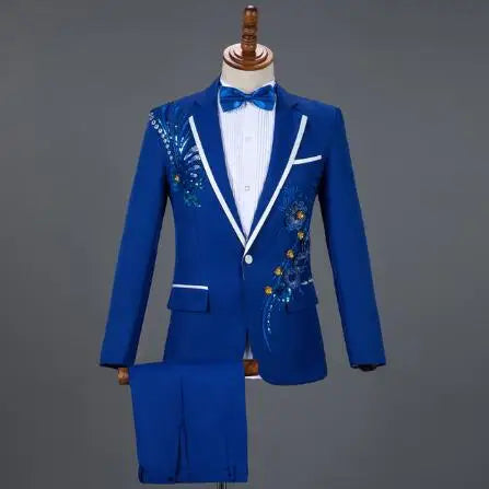 White Embroidered Diamond Suit Men Wedding Groom Tuxedo