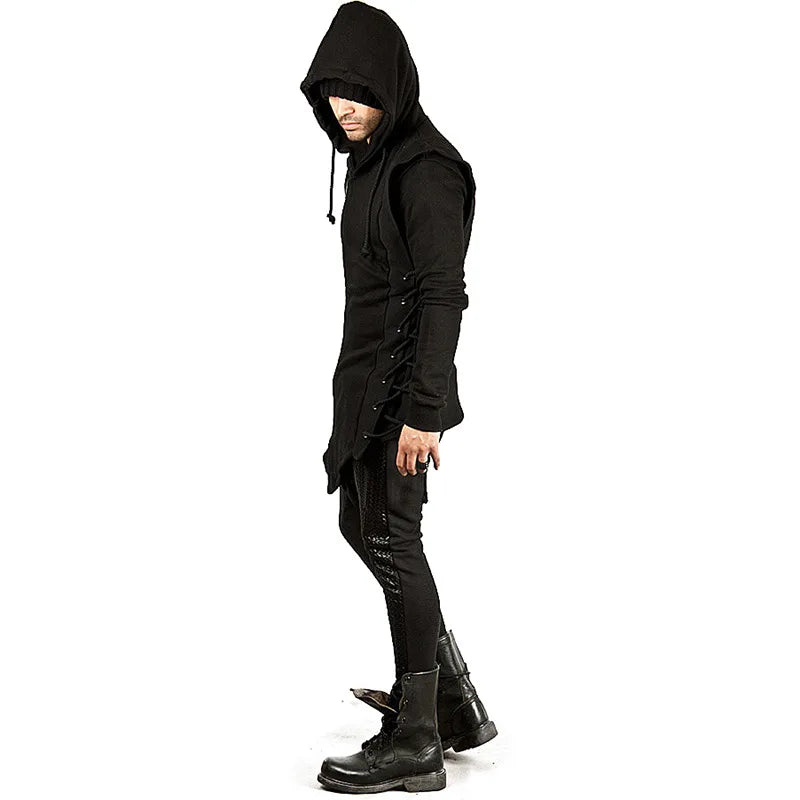 Black Long Hoodie Men 2023 New Fashion Bandage Zipper Mens Hoodies Sweatshirts