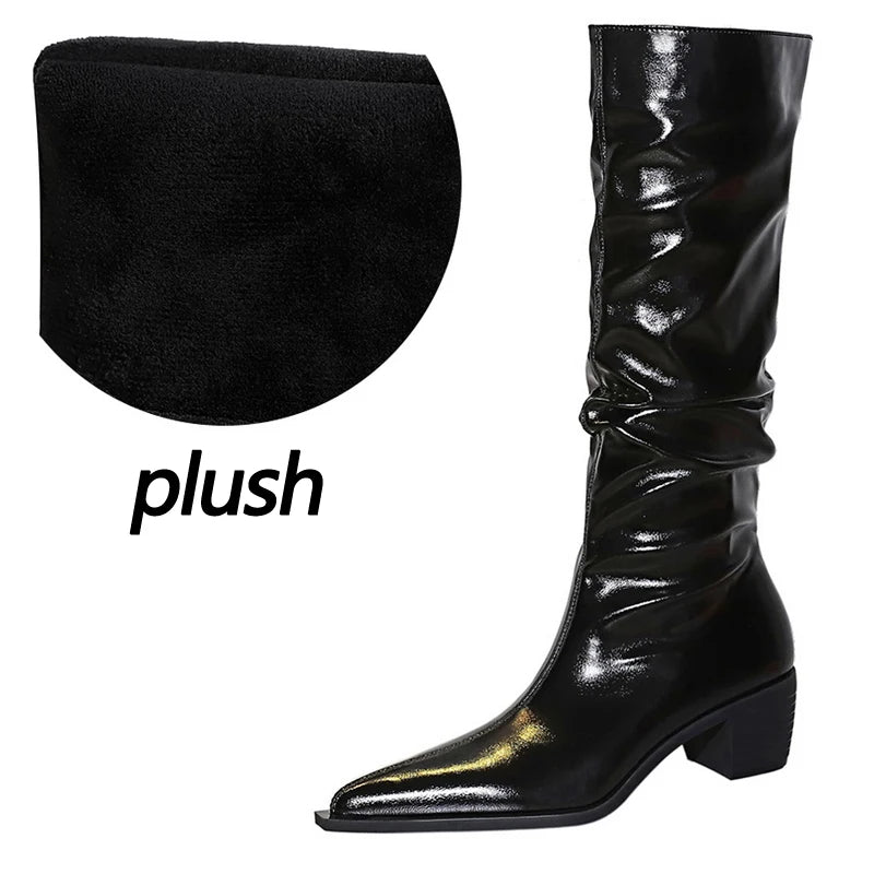 BIGTREE Shoes Patent Leather Women Knee-High Boots Thick Heel Women Boots