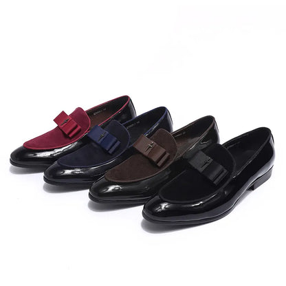 Handmade Mens Loafer Shoes Genuine Patent Leather Suede Patchwork With Bow