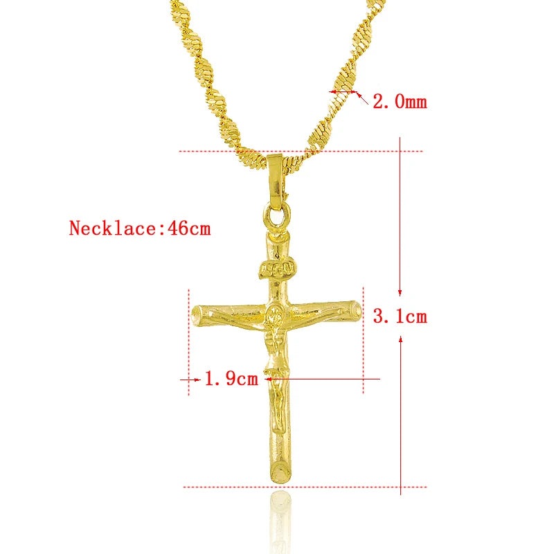 Real 24K Gold Color Cross Pendant & Necklace for Men/Women Gold Chain Religious