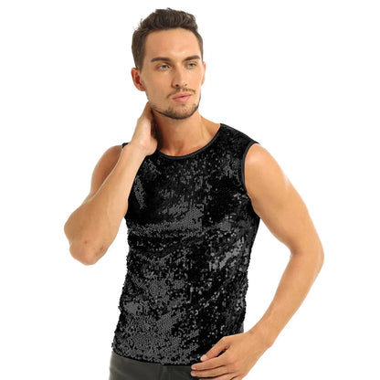 YiZYiF Men's Sequin Tank Top Shiny Crop Top Vest Crew Neck Slim Vest