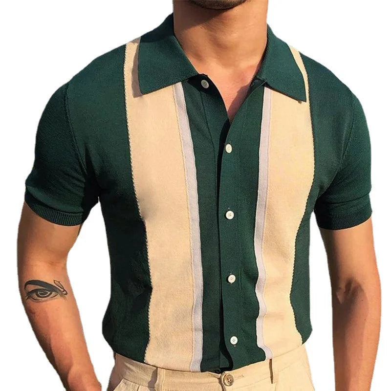 Men's Short-Sleeved Knitted Casual POLO Shirts Contrast Color Slim Lapel Custom